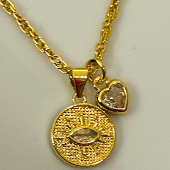 Dainty Gold plated necklace, rope chain, cz evil eye and heart charms - Picture 6 of 6